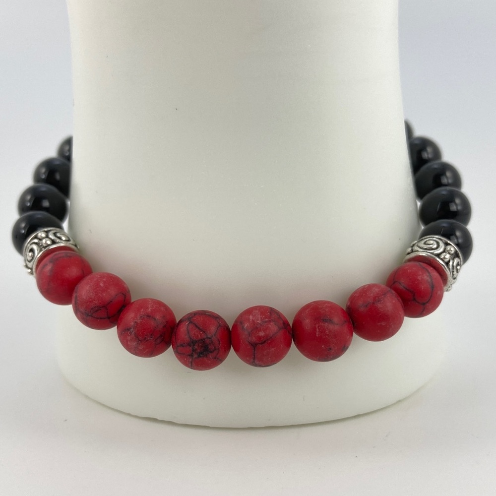 Obsidian and Red Howlite Stretch Bracelet, Handmade, 8mm Stones, 8" Long - Picture 3 of 6